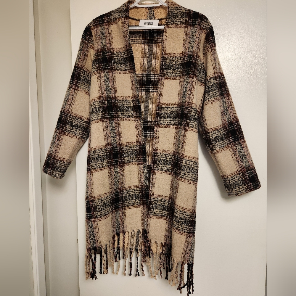 BB Dakota Plaid Open Front Jacket, Tan/Brown, Size US M